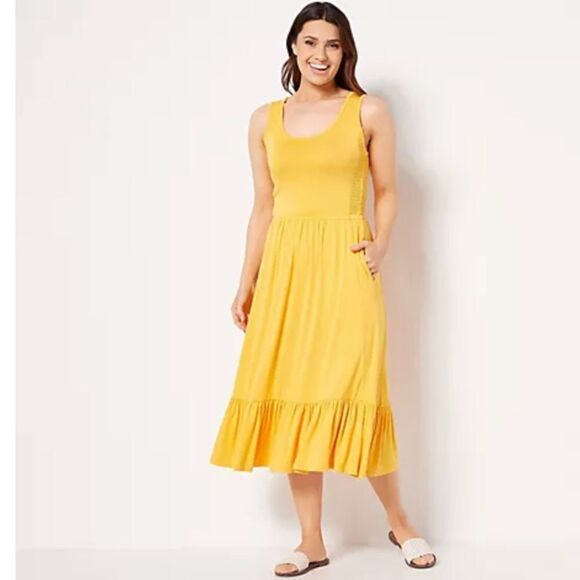 New J Jason Wu Kint Ruffle Midi Dress Yellow Sz Large - Picture 1 of 8